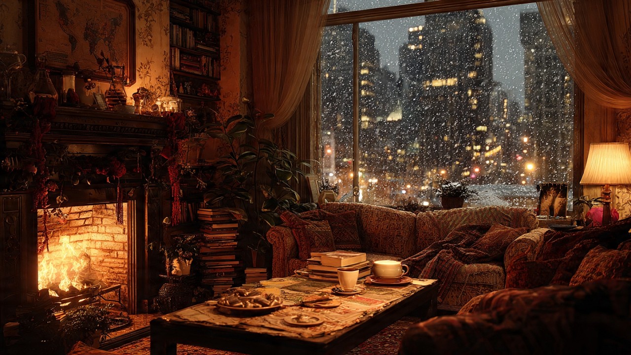 Fireplace & Snowfall Ambiance  (NO MID-ROLL ADS) - Cozy Tea Time by Warm Burning Fire