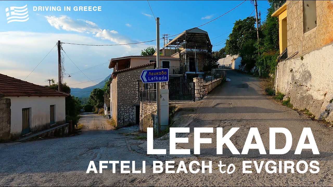 Driving in Greece. Lefkada. From Afteli beach up to Evgiros village. 4K.