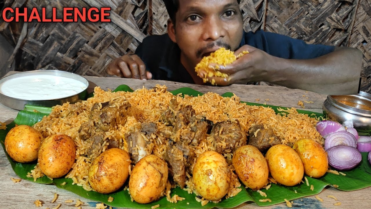 Egg fry - spicy mutton biriyani eating challenge & mutton gravy, mutton curry food eating challenge