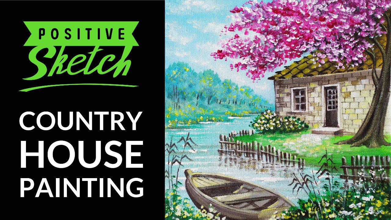 Acrylic painting, Village painting, Country House, Painting tutorial