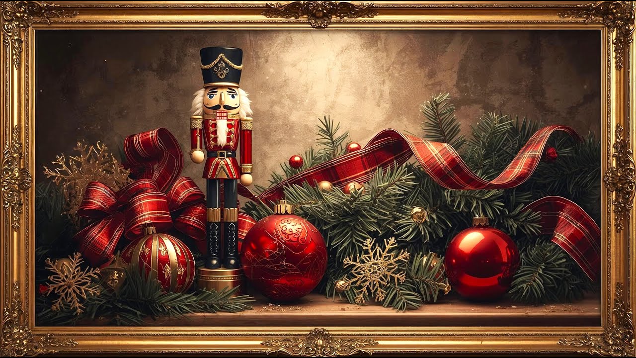 Nutcracker Christmas Frame TV Art, Vintage Christmas Screensaver with Golden Framed Holiday Art 4K