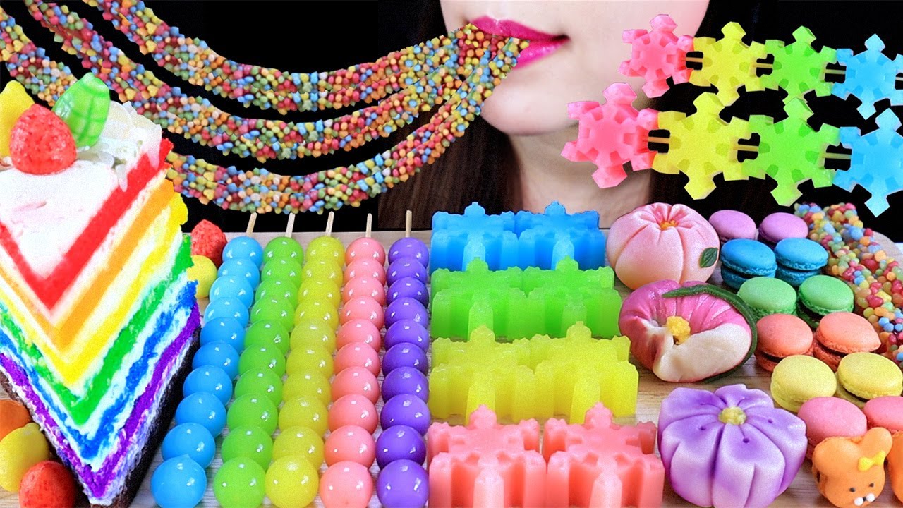 ASMR 🦄UNICORN DESSERT RAINBOW CAKE MINI KYOHO JELLY ROPE JELLY WAGASHI MOCHI MACARON MUKBANG CANDYS