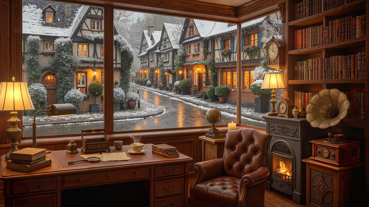 Winter Chamber Smooth Jazz for Cozy Moments – Warm Wooden Library Jazz with Fireplace & Snowy Street