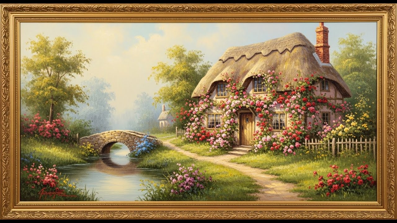 Frame TV Art with Music: English Cottage with Roses | Samsung Frame TV Art | 4K Fairy Tale Landscape