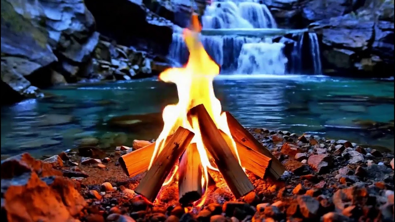 Calm Cozy Fire &  Waterfall Background Ambience with Birds | Cozy Hearth ASMR | Relaxing Focus