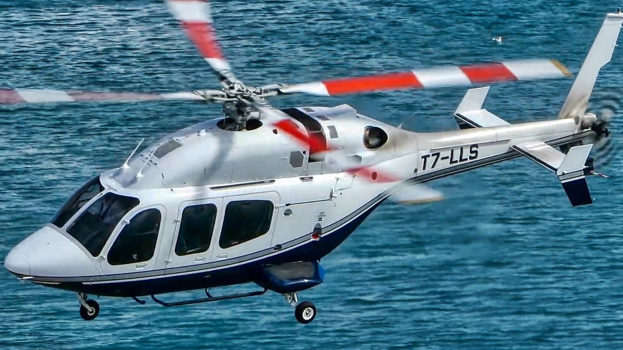 Wheeled Bell B429 WLG T7-LLS VIP helicopter at Barcelona heliport