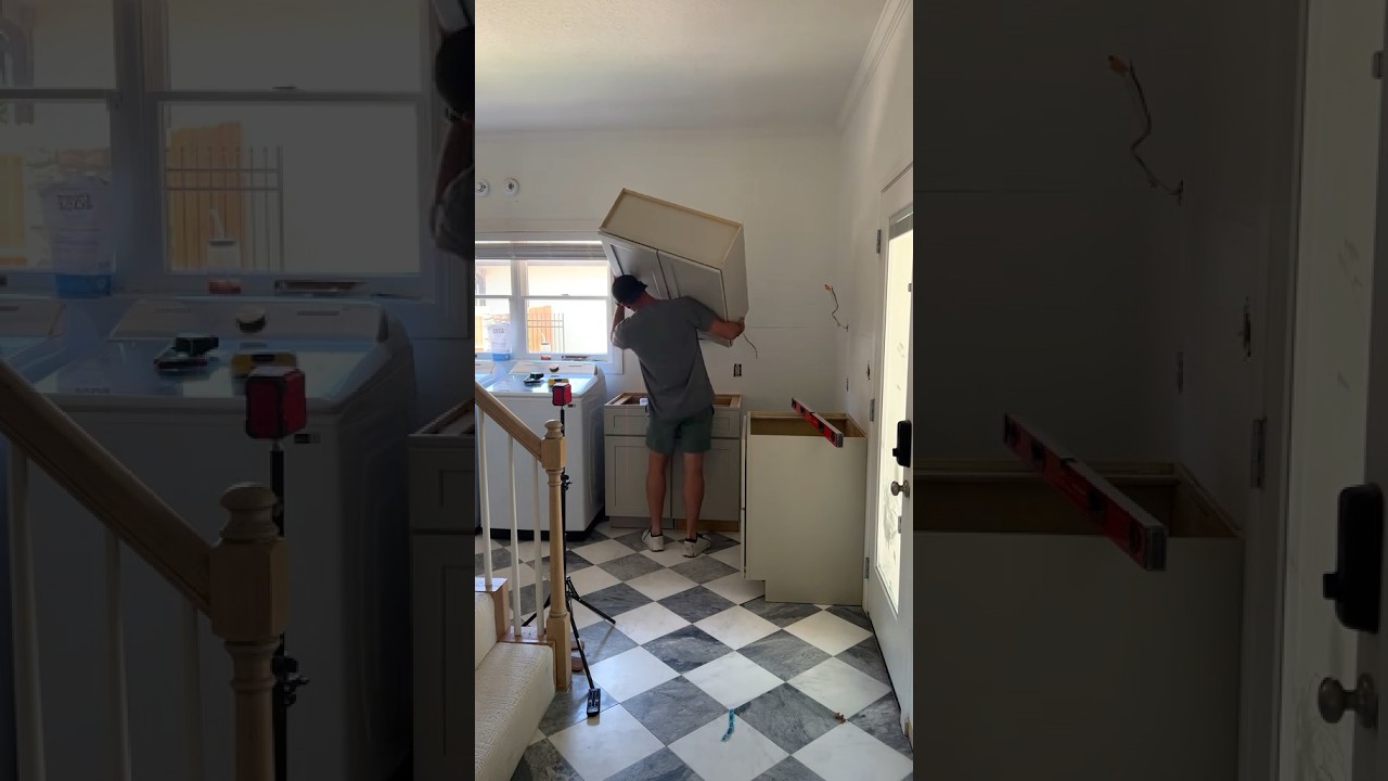 Part 4! The RTA Cabinets are in and it's time to DIY the bathroom wallpaper! #DIY #rtacabinets