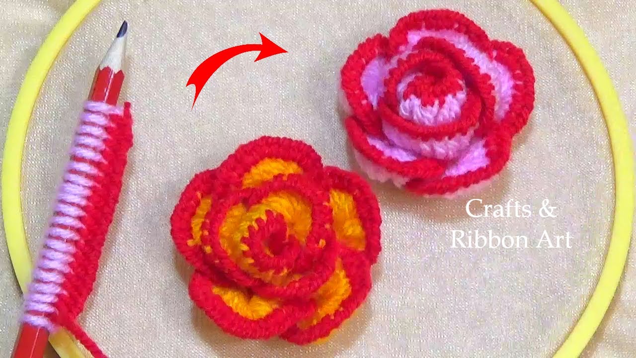 Amazing Trick with Pencil - Easy Woolen Rose Making Ideas - Hand Embroidery - DIY Woolen Flowers