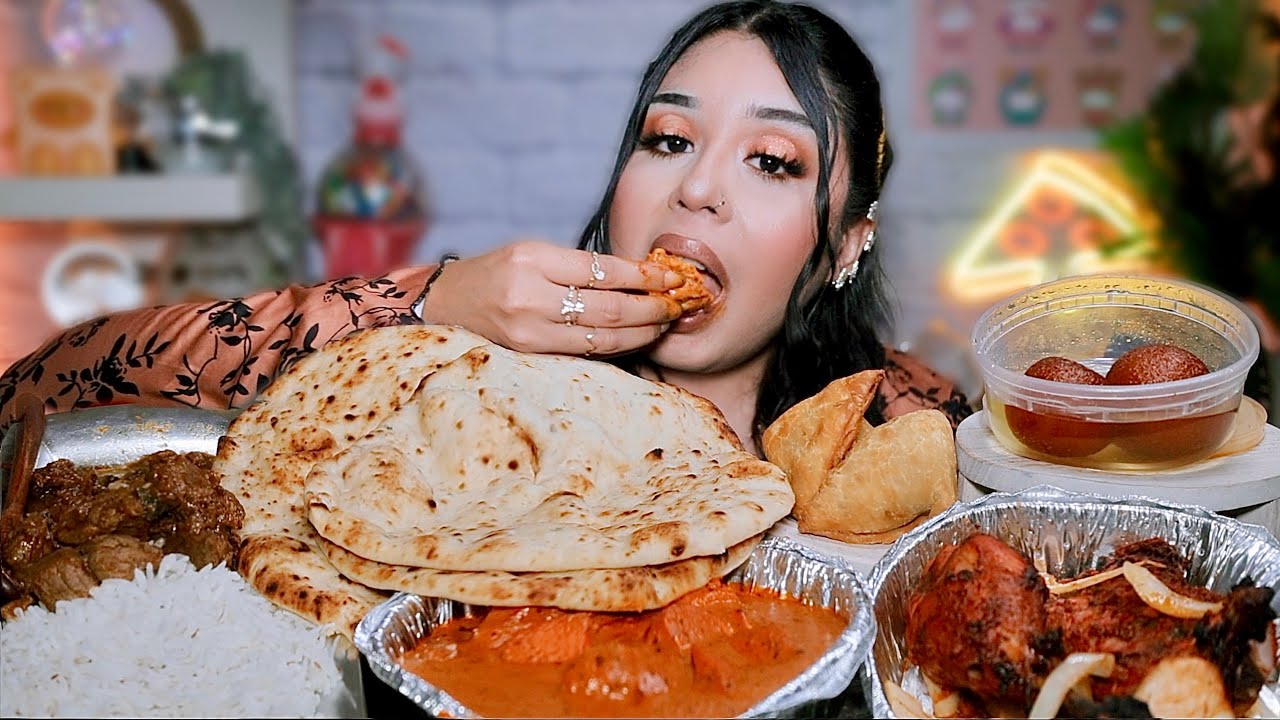 EATING INDIAN FOOD BUTTER CHICKEN SPICY MUTTON CURRY TANDOORI CHICKEN NAAN MUKBANG ASMR