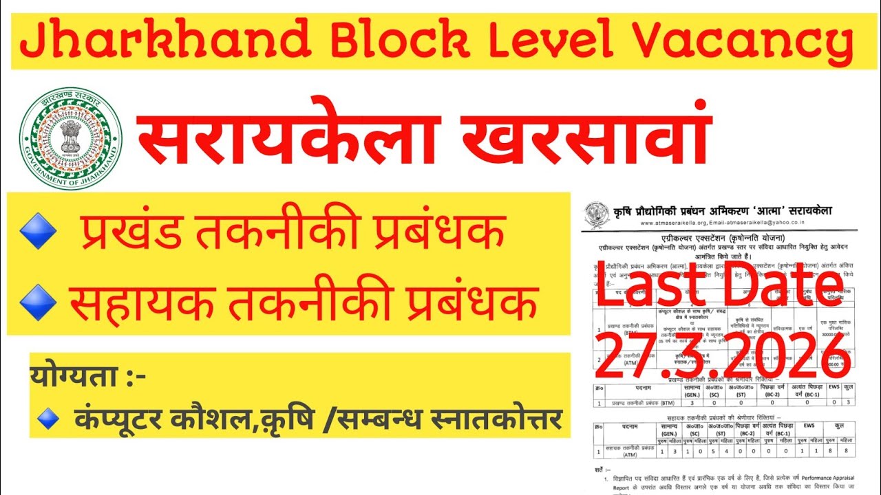 Jharkhand Block Level Vacancy 2026 | सरायकेला भर्ती | BTM & ATM Vacancy |
