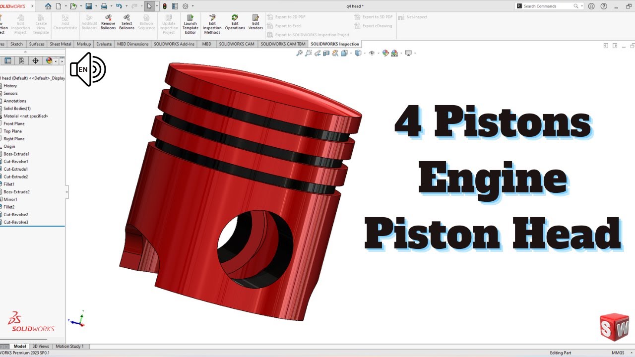 Головка поршня. Учебное пособие по SolidWorks для 4-поршневого двигателя!
