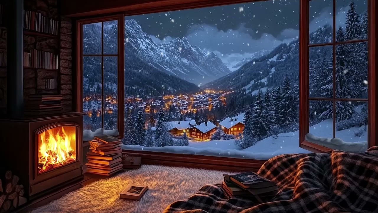 Warm Cabin Night in Falling Snow | Soft Firelight & Drifting Snow Outside for Instant Sleep & Calm