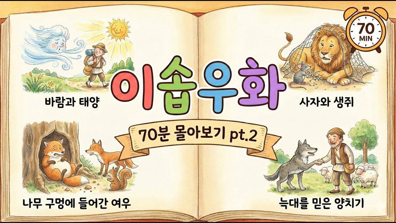 중간광고없는 | 이솝 우화 Part.2 | 70분 연속 듣기 | 오디오북 | 동화책 읽어주기 | 어린이 동화 | 잠자리 동화 |  ⭐ 바람과 태양, 사자와 생쥐, 양치기 소년 등