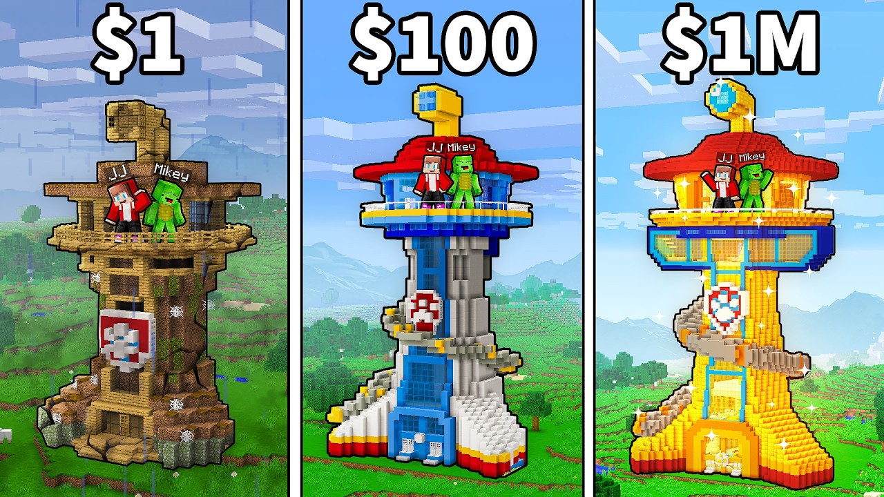 JJ and Mikey: POOR vs RICH Paw Patrol Tower Battle in Minecraft - Maizen