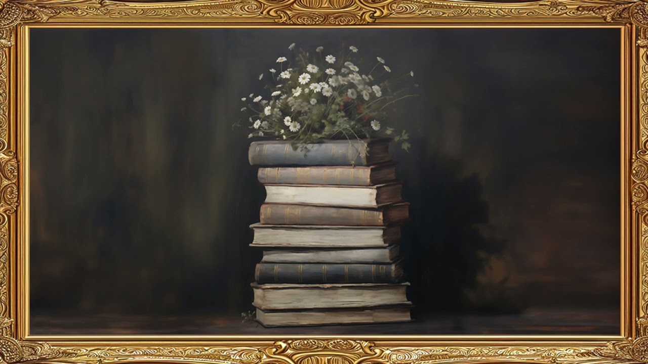 Books Painting Frame TV Art Vintage Academia Framed HD Screensaver Moody Wildflowers Slideshow