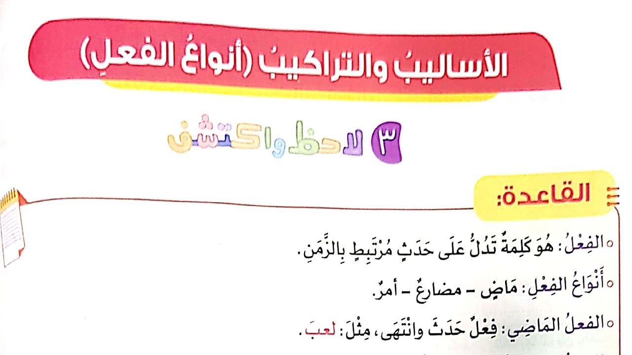شرح الأساليب والتراكيب(أنواع الفعل)وحل تدريبات الأضواء٢٠٢٣/الصف الثالث/ترم٢