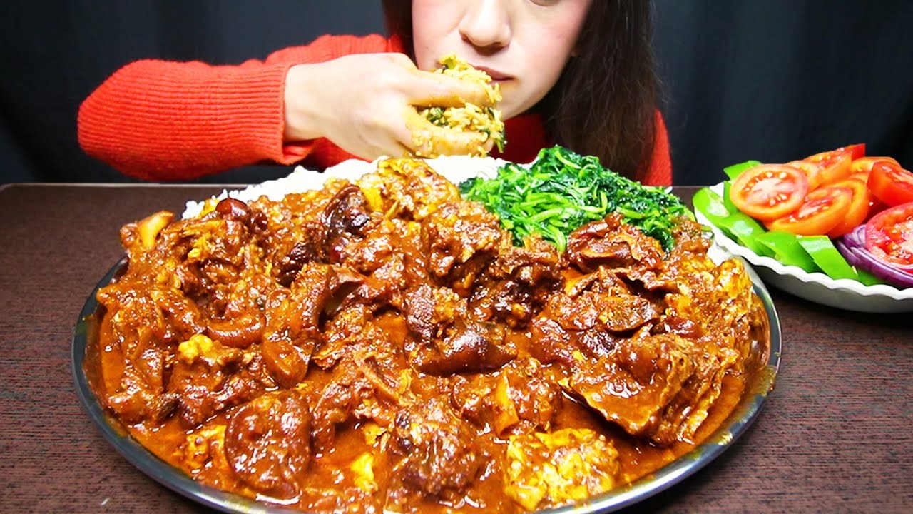 SPICY MUTTON/GOAT CURRY, MUTTON HEAD CURRY & BASMATI RICE, SAAG #ASMR/MUKBANG EATING SHOW BIGBITES