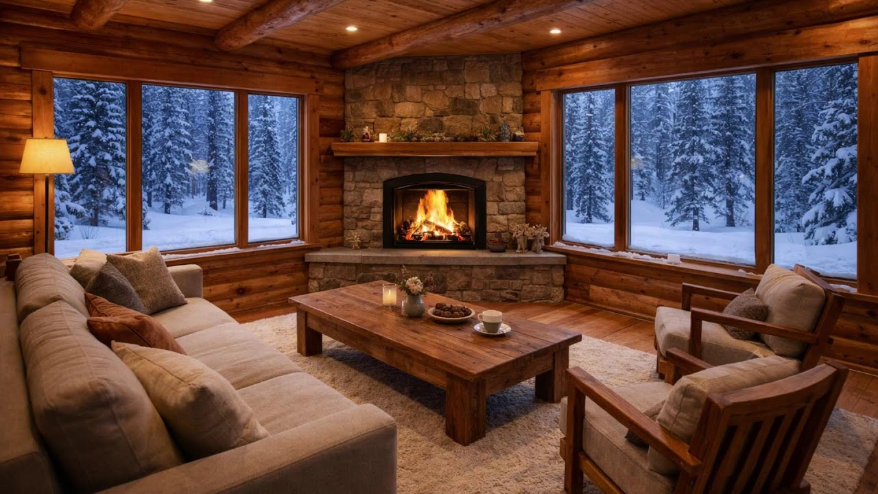 Fireplace Study by the Window  Snowfall Outside for Long Focus Hours