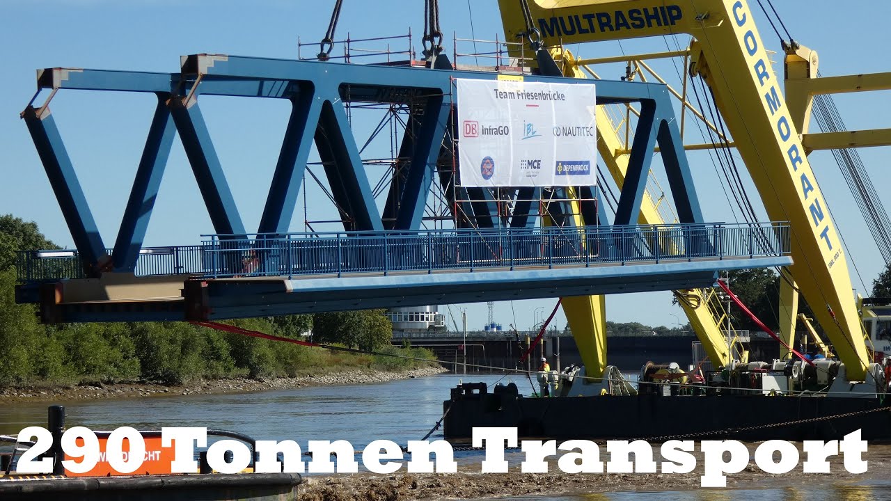 Transport und Einbau des 1. Elements der neuen FRIESENBRÜCKE - Schwertransport auf der Ems