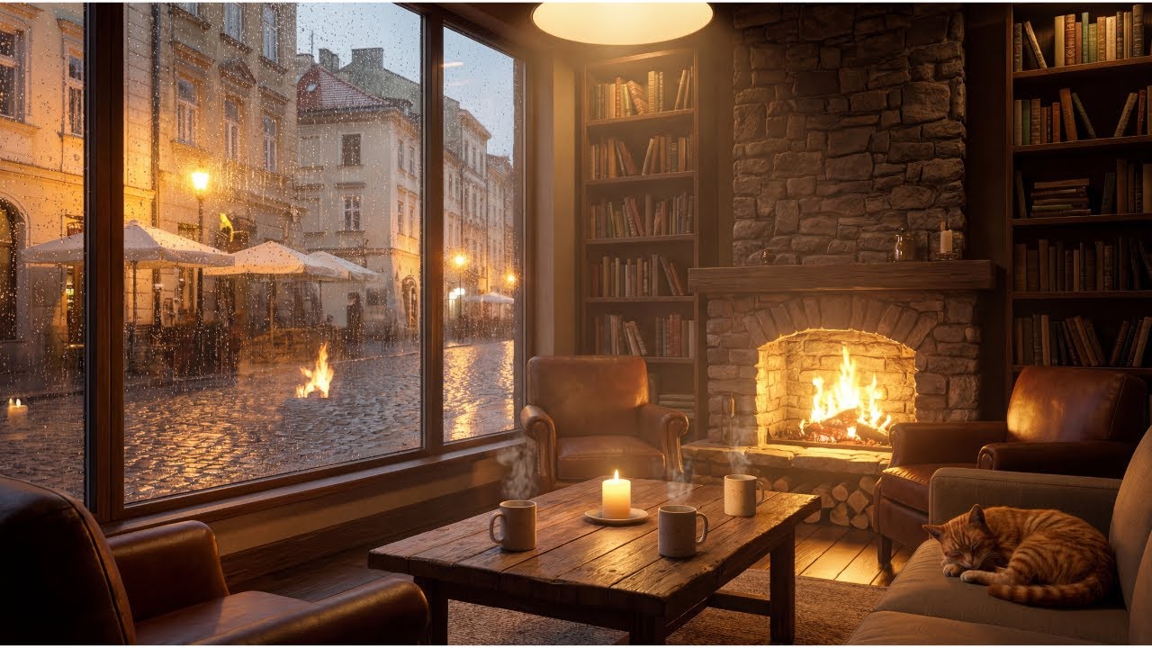 Cozy Rainy Coffee Shop Ambience with Crackling Fireplace & Cat Purring | Perfect for Sleep & Relax