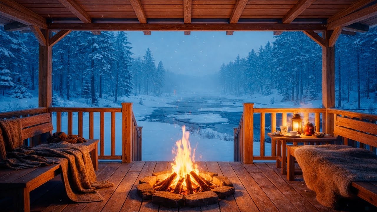 😴 Winter atmosphere 24/7 | Cozy atmosphere of a campfire and falling snow