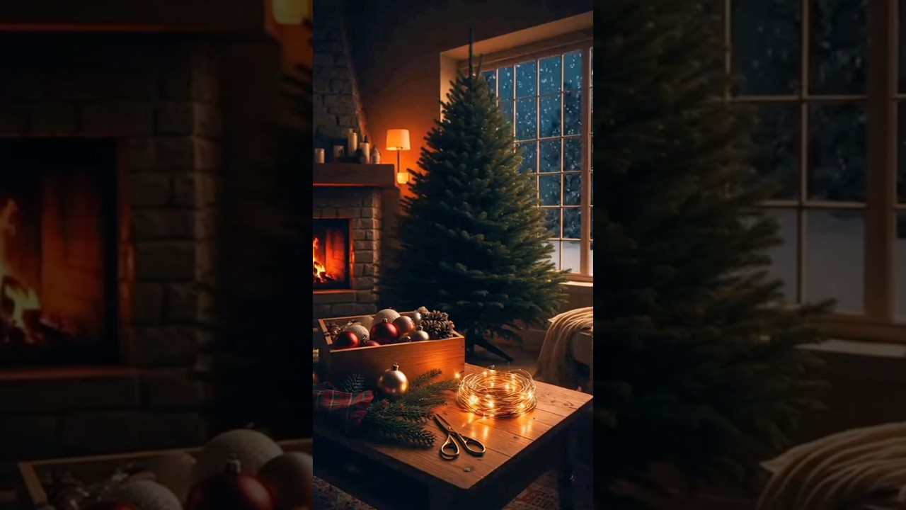 Cozy Christmas Decorating Ambience 🎄 Fireplace, Snowfall & Acoustic Holiday Music