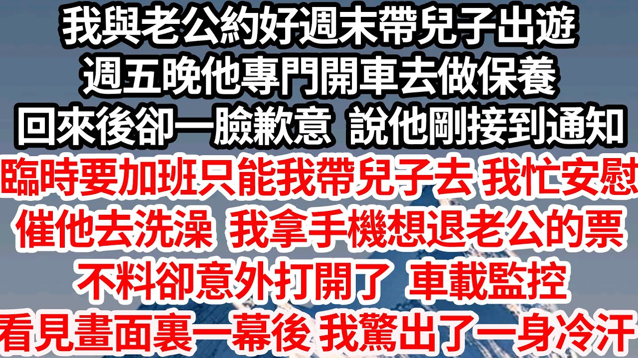 我與老公約週末帶兒子玩，週五晚他專門開車去保養，回來卻抱歉說他接通知，要加班只能我帶兒子去，我安慰沒事催他去洗澡，拿出手機想退他票 不料卻意外打開車載監控，看見畫面裏一幕我驚出一身冷汗【倫理】【都市】