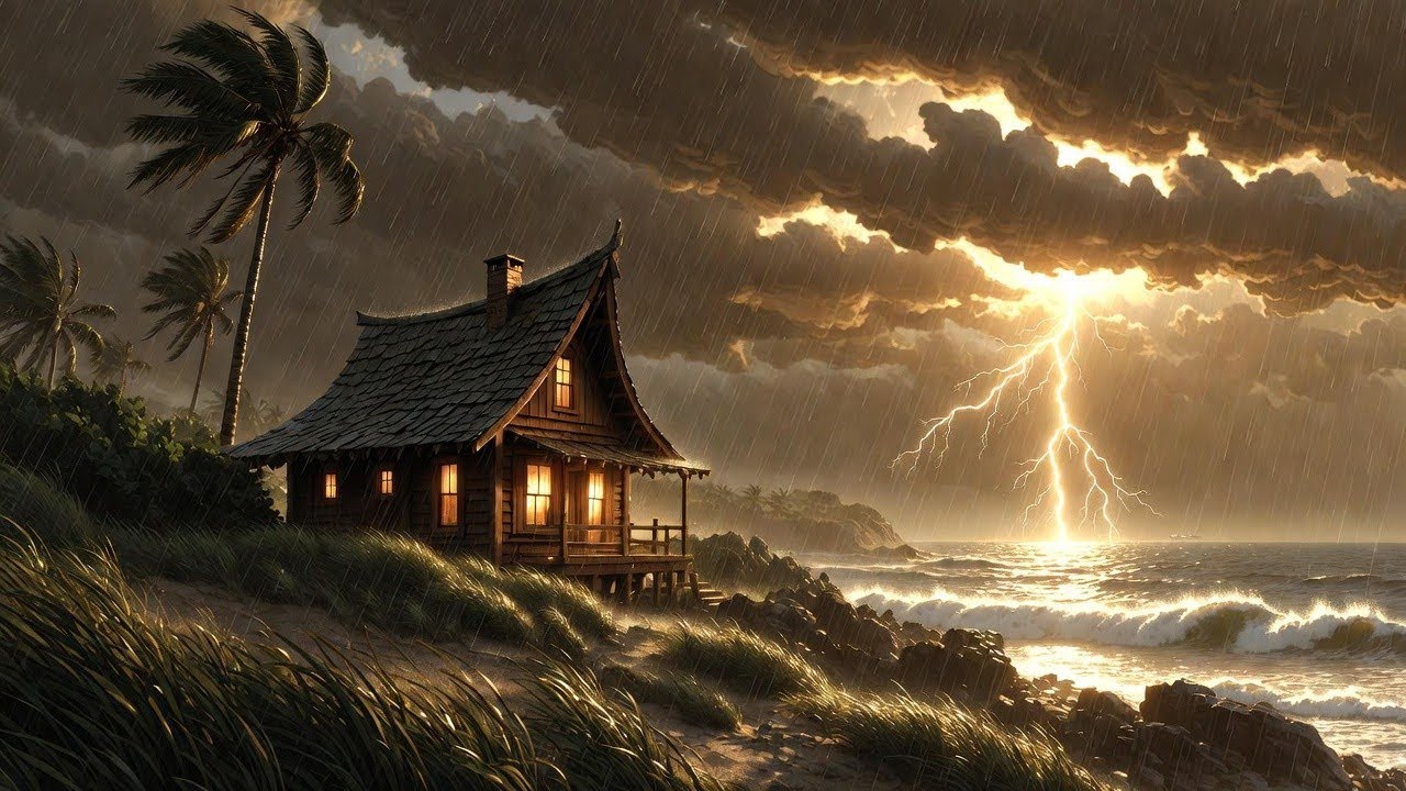 Heavy Rain & Thunder by the Sea 🌊⛈️ Cozy Cottage Storm ASMR | Ghibli Style