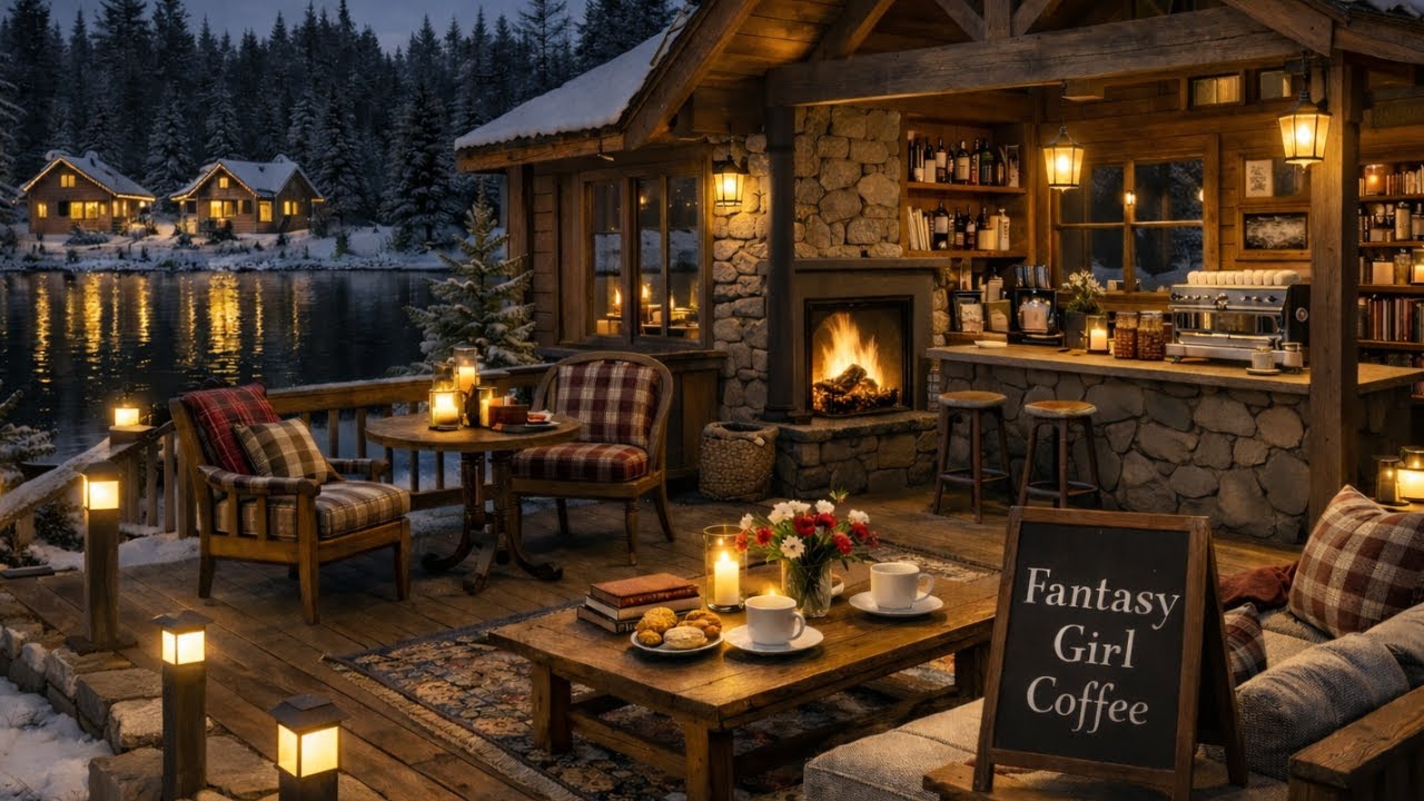 Lakeside Cabin Coffee Ambience ☕ Winter Night | Cozy Fireplace, Soft Jazz for Focus & Relax