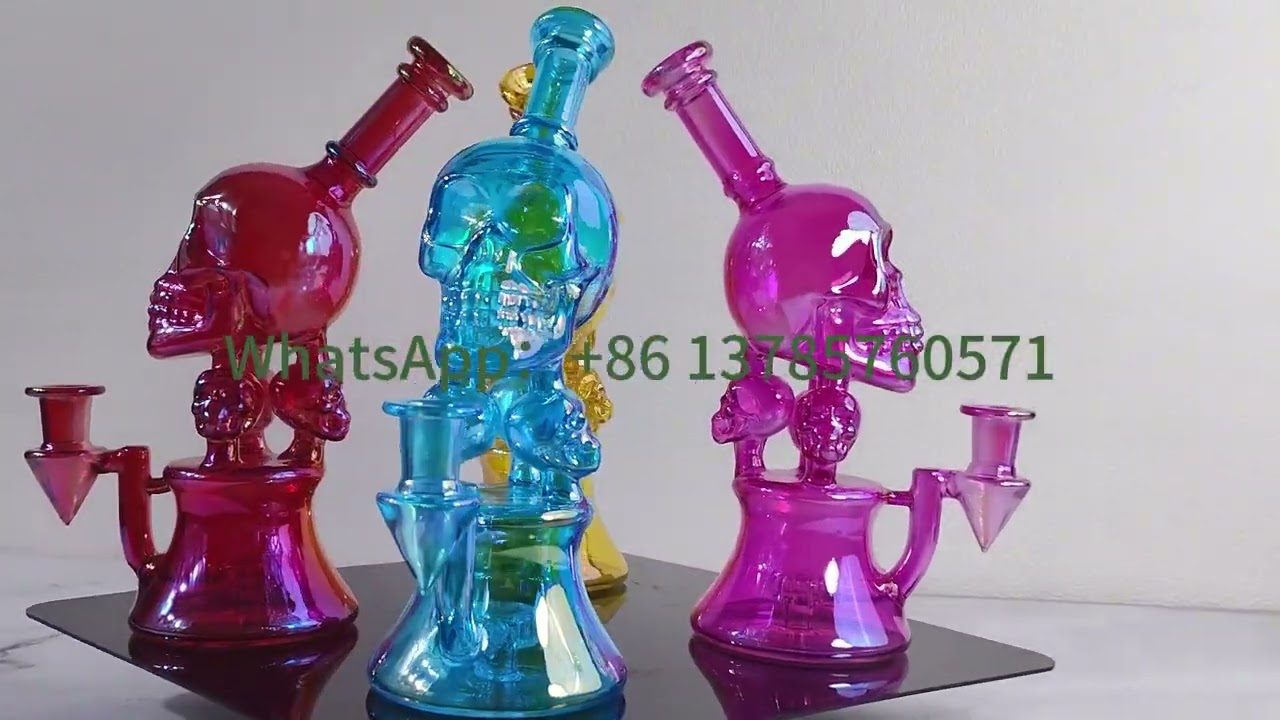 A glass water pipe in the shape of a skull