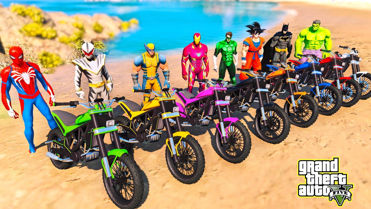 SUPERHEROES TEAM MOTOR BIKES RACING CHALLEGNE on BEACH RAMP,SPIDERMAN MOTORCYCLES Stunt RACE - GTA 5