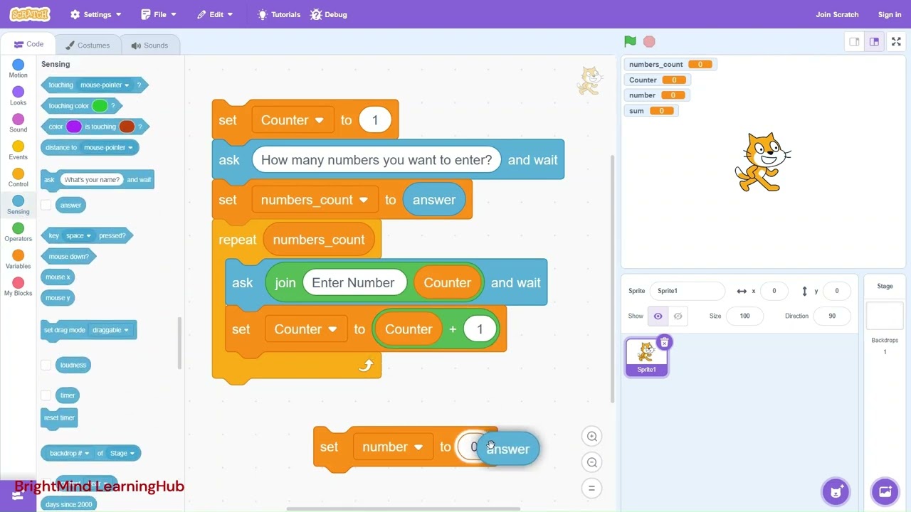 Find the Sum of N Numbers in Scratch | Scratch Coding Tutorial with Repeat Loop