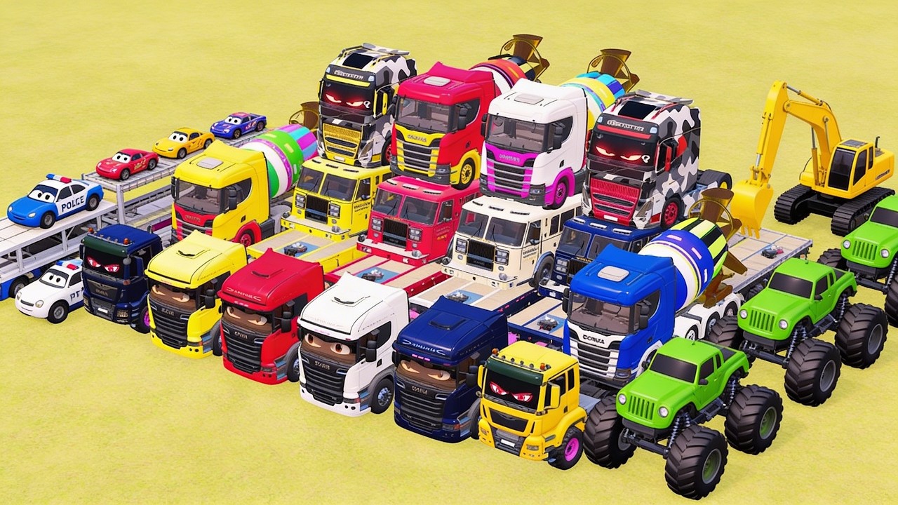 Colorful Garage FS22 - Mixer Truck With Flatbed Trailer, Mixer Monster Truck, Tesla, Mercedes Benz