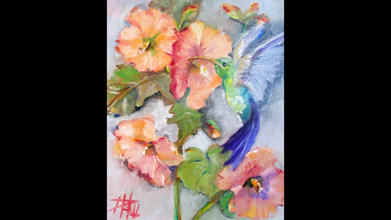 Hummingbird and Hollyhocks
