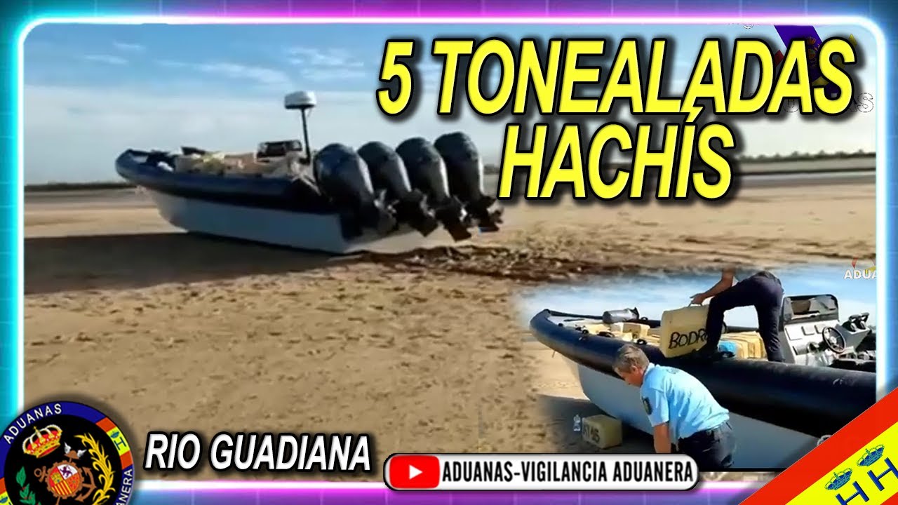 Narcolancha varada con 5 toneladas de hacís, Río Guadiana,  parte Portuguesa - Aduanas SVA