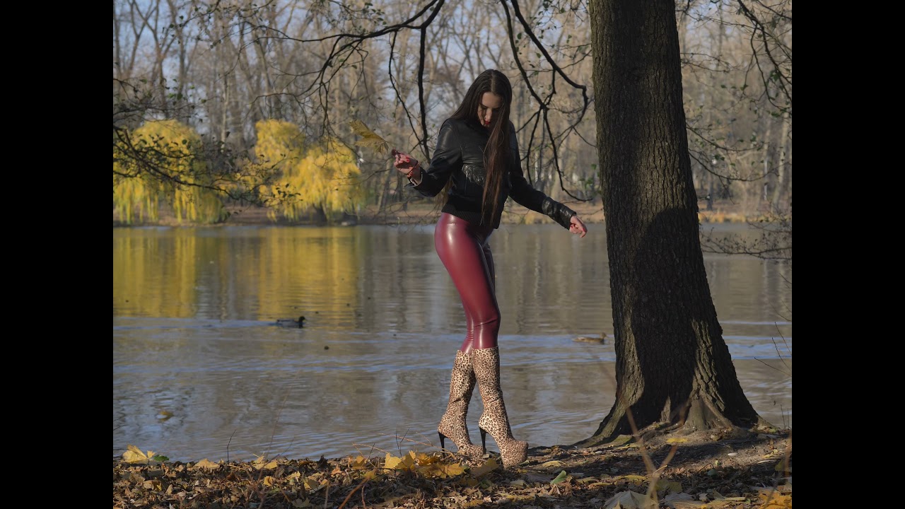 Red Leather Leggings & Leopard tajnaclub Platform Knee High Heels - amphibology777