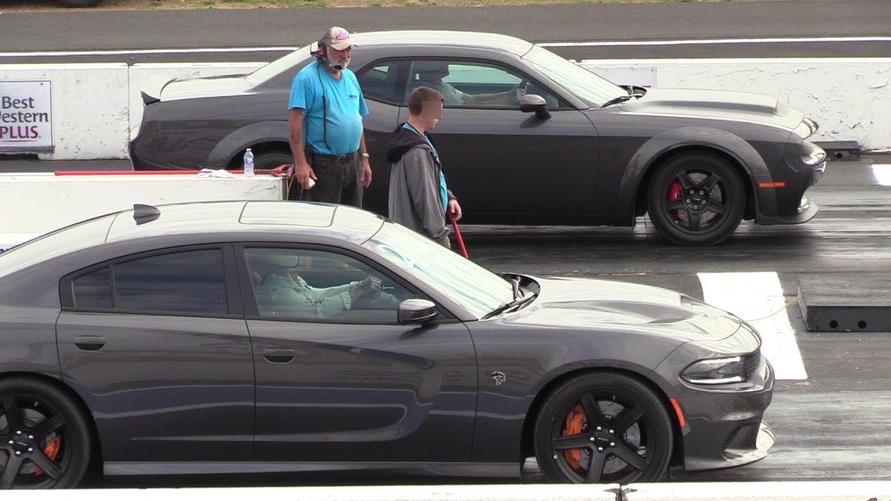 All new Dodge models on a drag strip .Demon,Hellcat,Scat Pack,Jeep,Durango,Challenger A/T,R/T