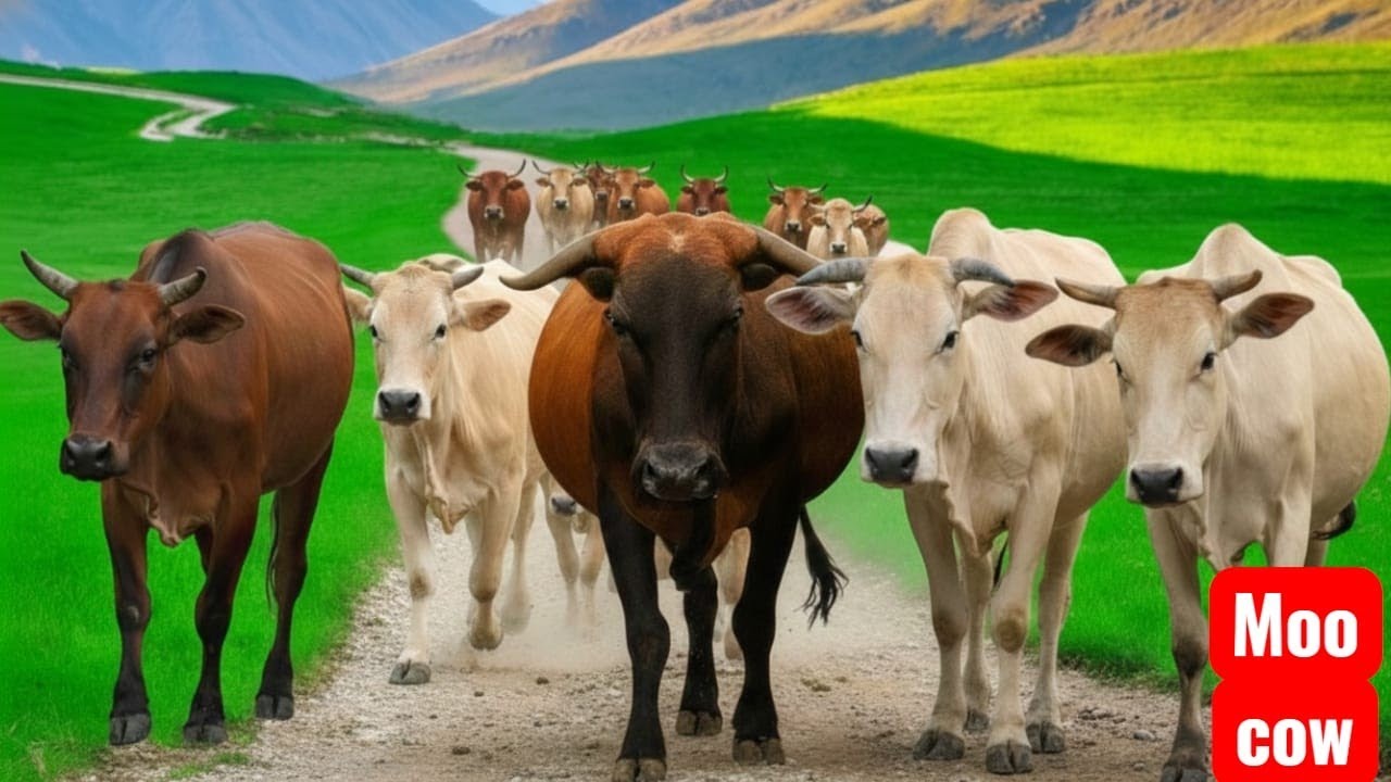 Herding cute cows along a village road toward green grassy fields, Cow sound cow Moo