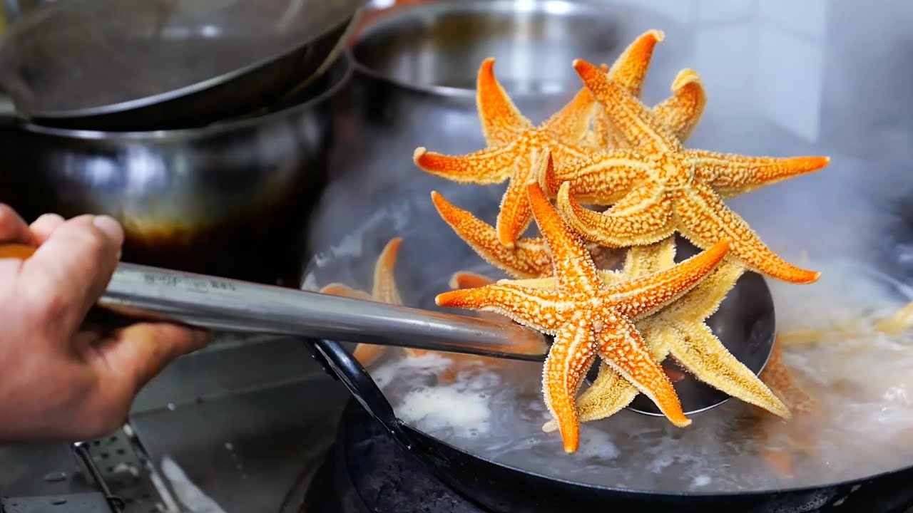 Китайская уличная еда — ЖАРЕНЫЙ РИС С МОРСКОЙ ЗВЕЗДОЙ Циндао Морепродукты Китай