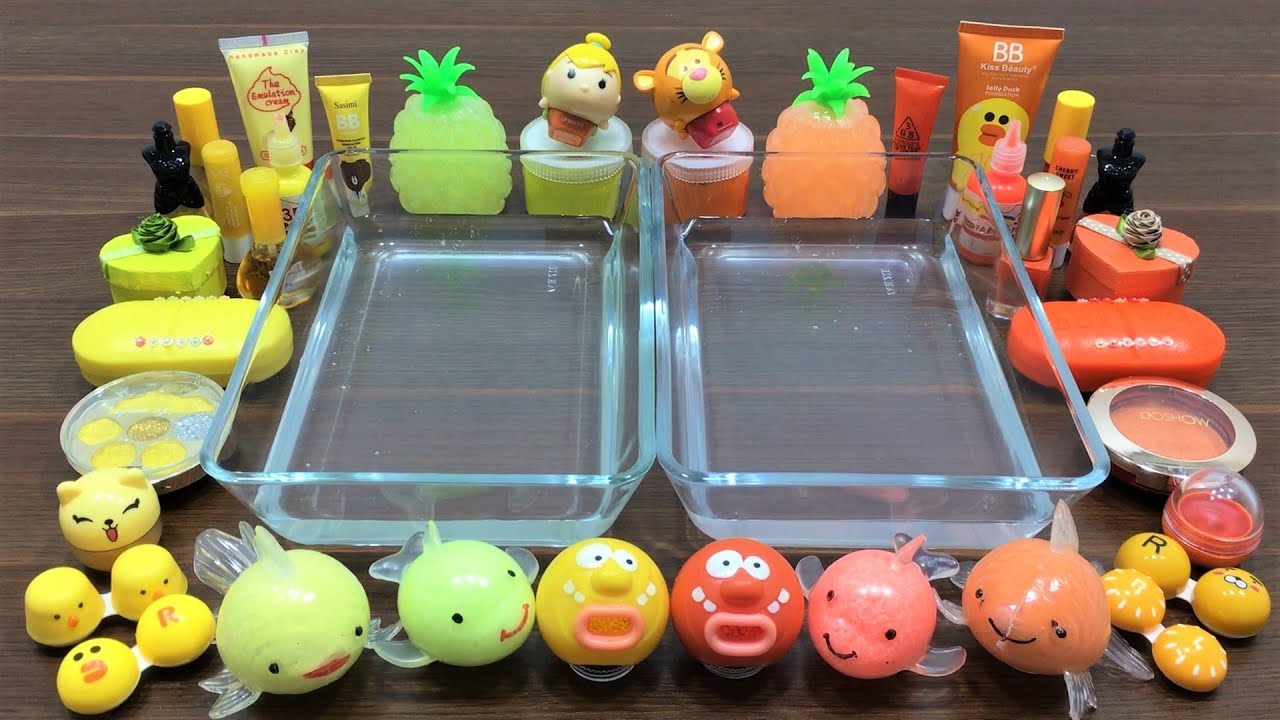 Mixing Random Things Into Clear Slime ! Orange vs Yellow Special Series Part 4 Satisfying Slime
