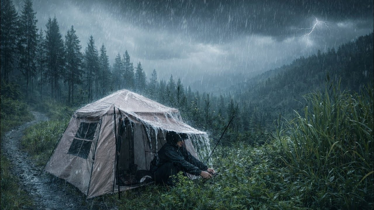 CAMPING In HEAVY RAIN FOREST STORM | Cozy Warm Tent & Relaxing Rain Sounds