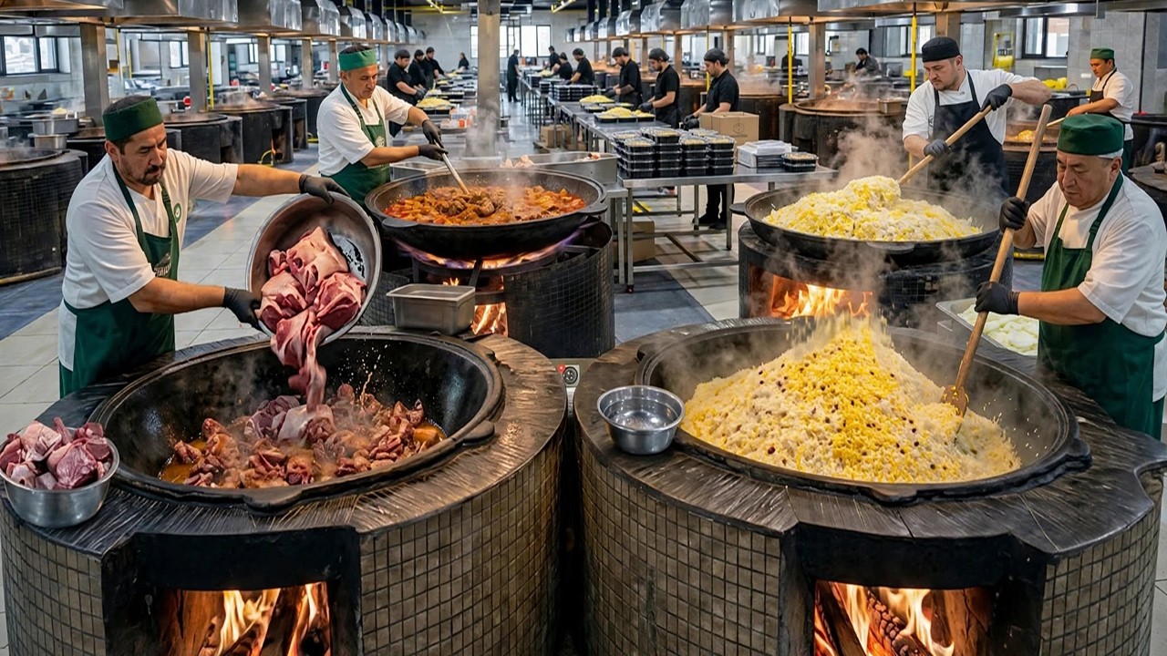 FOOD PREPARATION FOR 10,000 PEOPLE EVERYDAY IN 15 POTS | UZBEKISTAN BIGGEST FOOD FACTORY FOR PILAF