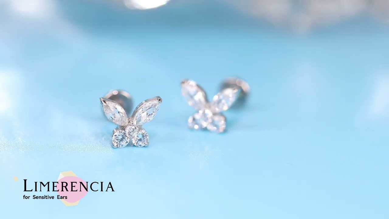Limerencia G23 Hypoallergenic 18g Flat Back Stud Earrings(Butterfly CZ Silver)