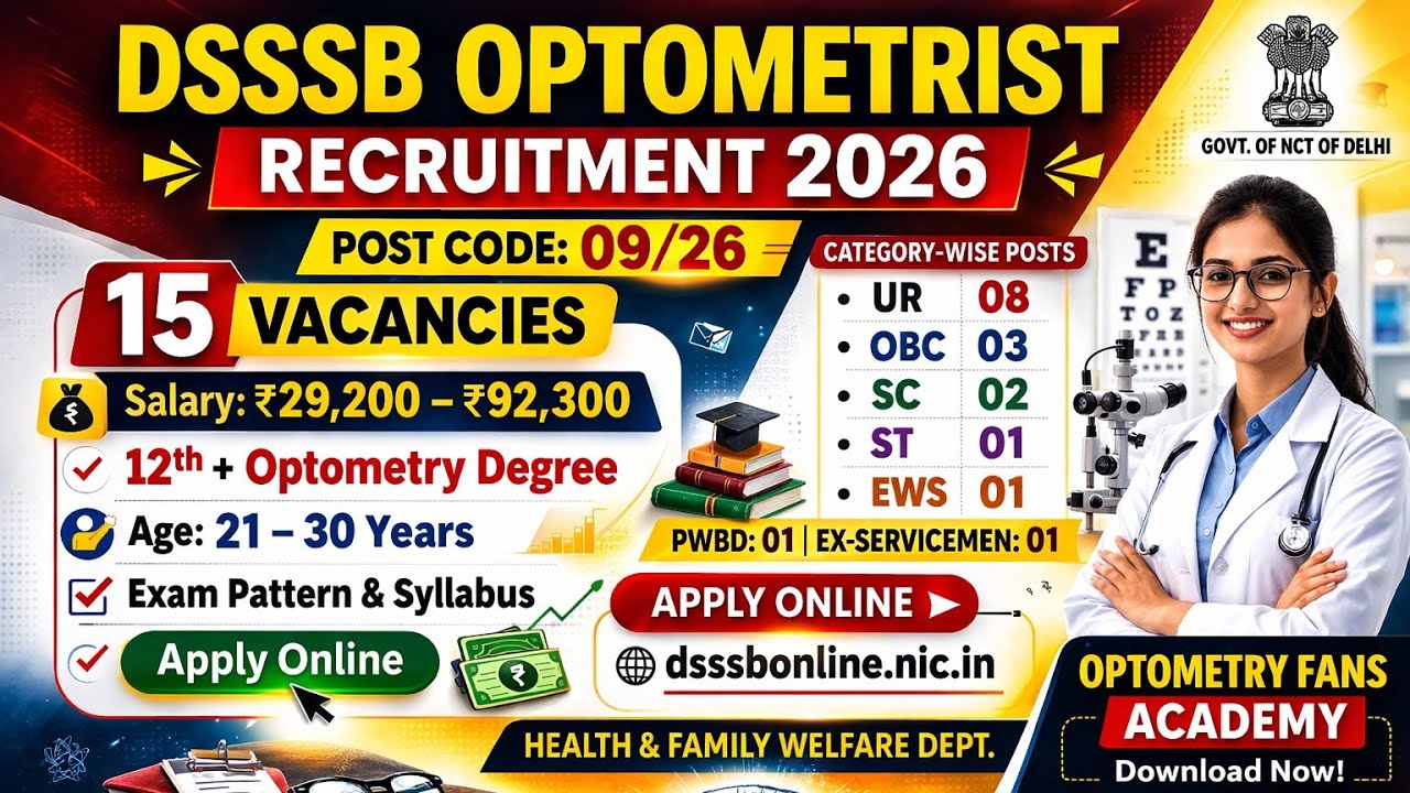 DSSSB Optometrist Recruitment 2026 | 15 Vacancies | Salary | Exam Pattern & Eligibility Full Details