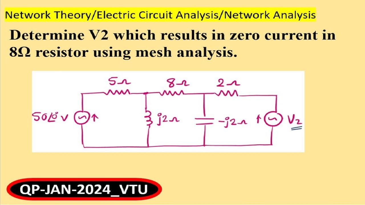 Determine V2 which results in zero current in 8Ω resistor using mesh analysis.