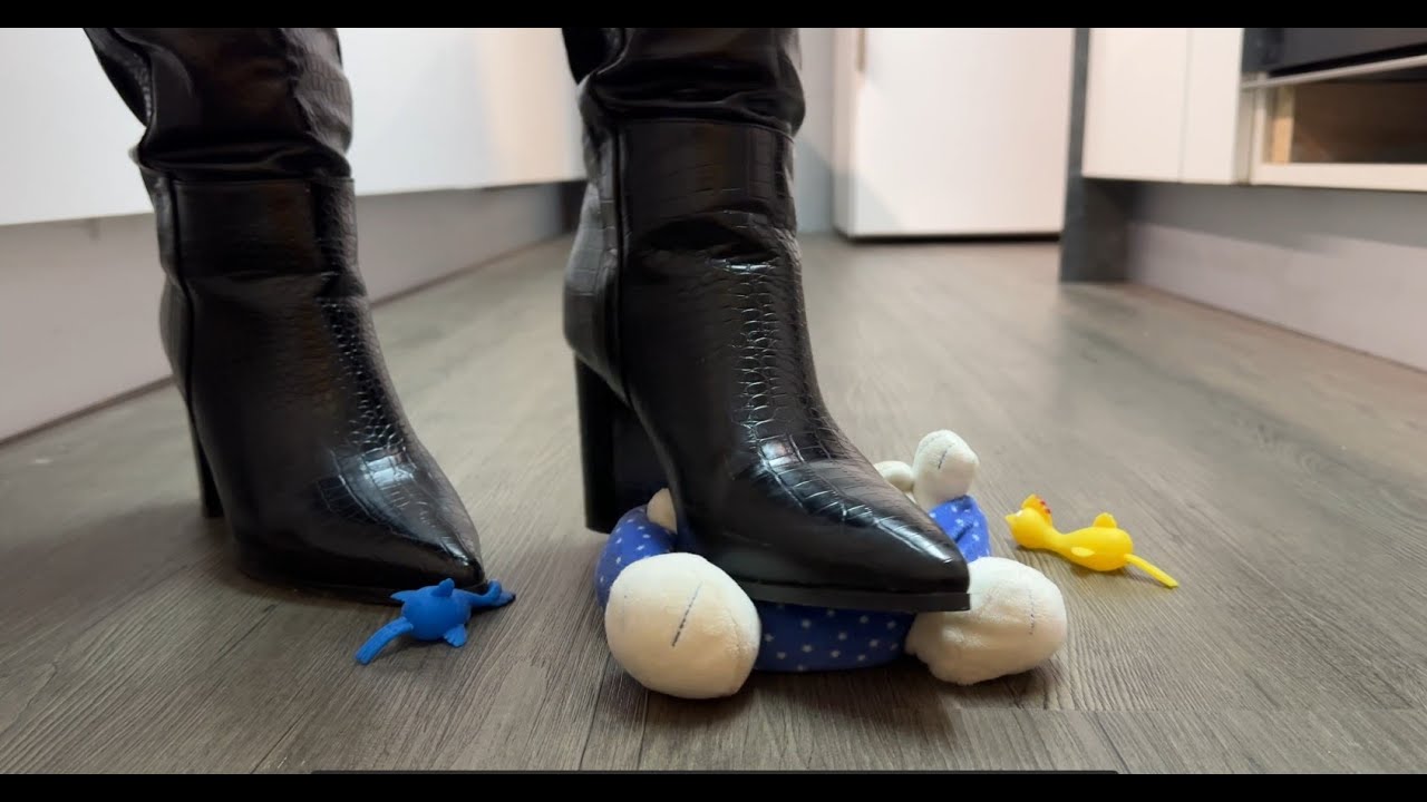 Boots crush stuffed toy - ASMR crushing and trampling in black shiny boots - teddy bear