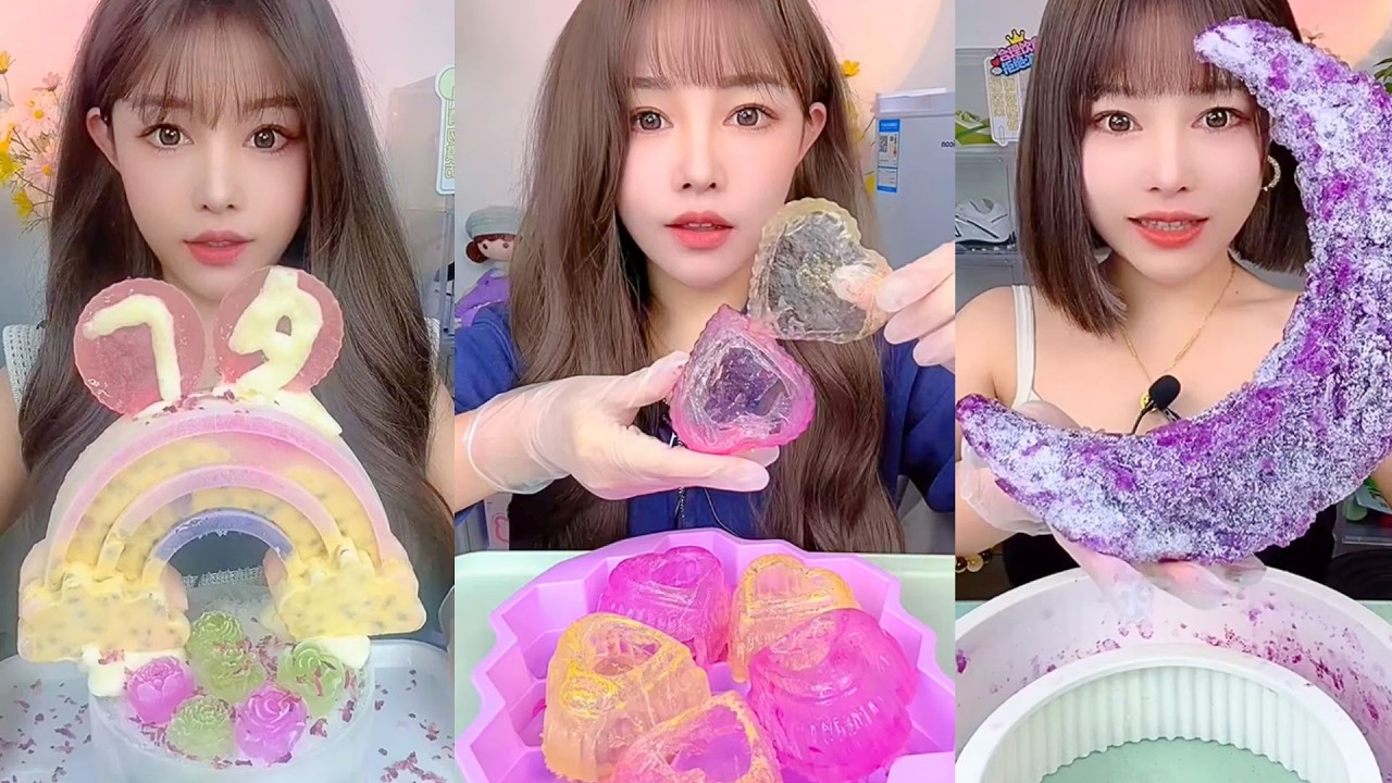 Rainbow Jelly Dessert, Filled Fruit Jellies, and Purple Crescent Sweet