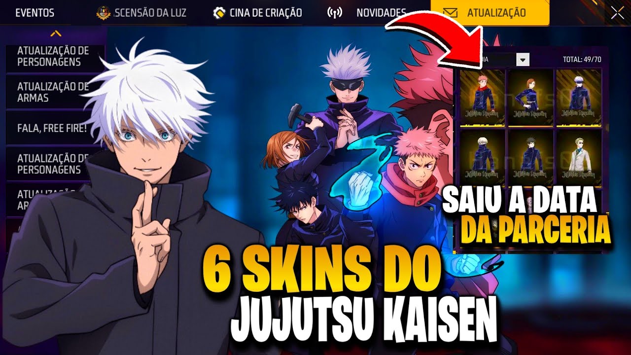 SAIU AGORA!! 6 SKINS JUJUTSU KAISEN E DATA, CONJUNTOS DA ATUALIZAÇÃO OB51 - NOVIDADES FREE FIRE