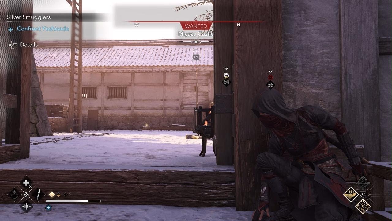 Assassin's Creed Shadows - Naoe stealth + melee combat v. brute samurai @ Miyazu Castle - April 2025
