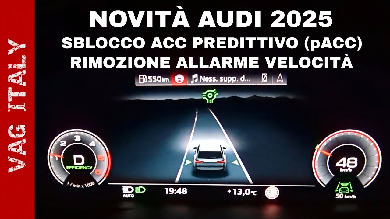 Novità Audi 2025: Sblocco ACC predittivo (pACC) e Rimozione avviso superamento limiti di velocità